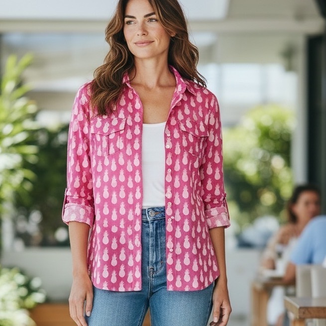 Talbots Womens Pink Pineapple Print Cotton Button Down Shirt Lightweight Large